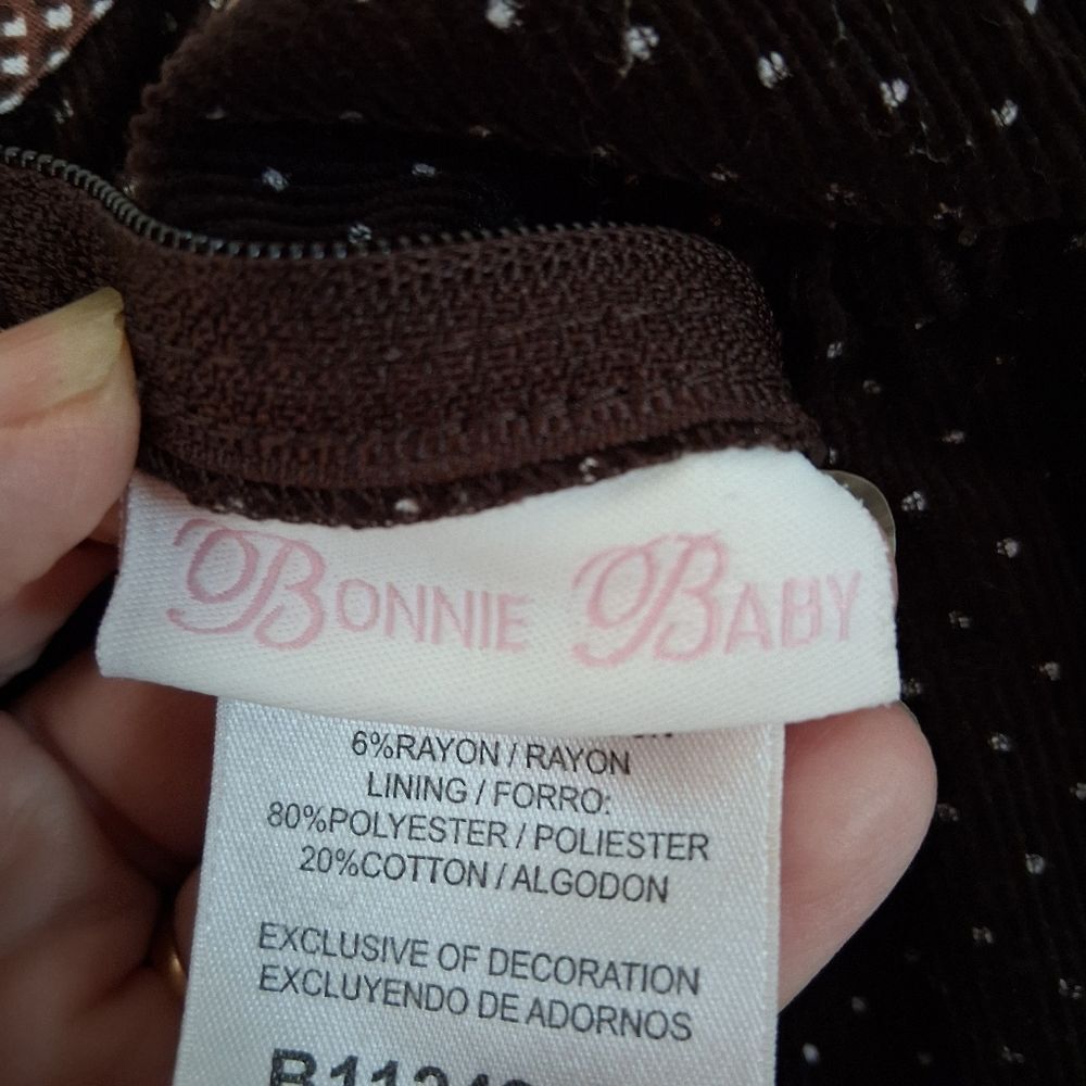 Bonnie Baby Corduroy Polka Dot Thanksgiving Jumper Dress w/Ribbon Embellishments - Picture 6 of 12